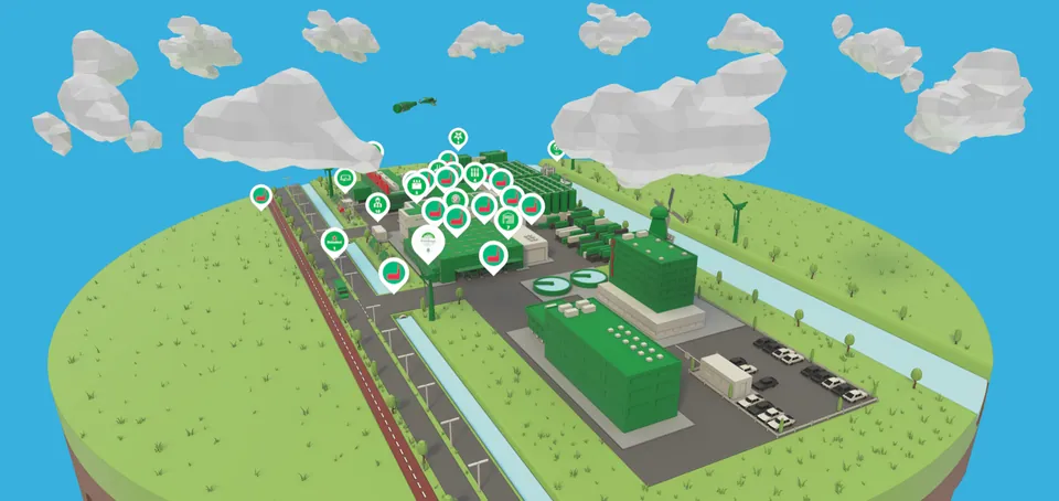 Low-poly 3D-weergave van de Heineken-fabriek met genummerde hotspots op een groen eiland