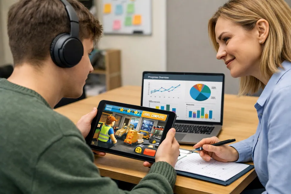 Deelnemer speelt een serious game op tablet terwijl een begeleider de voortgang op een dashboard volgt