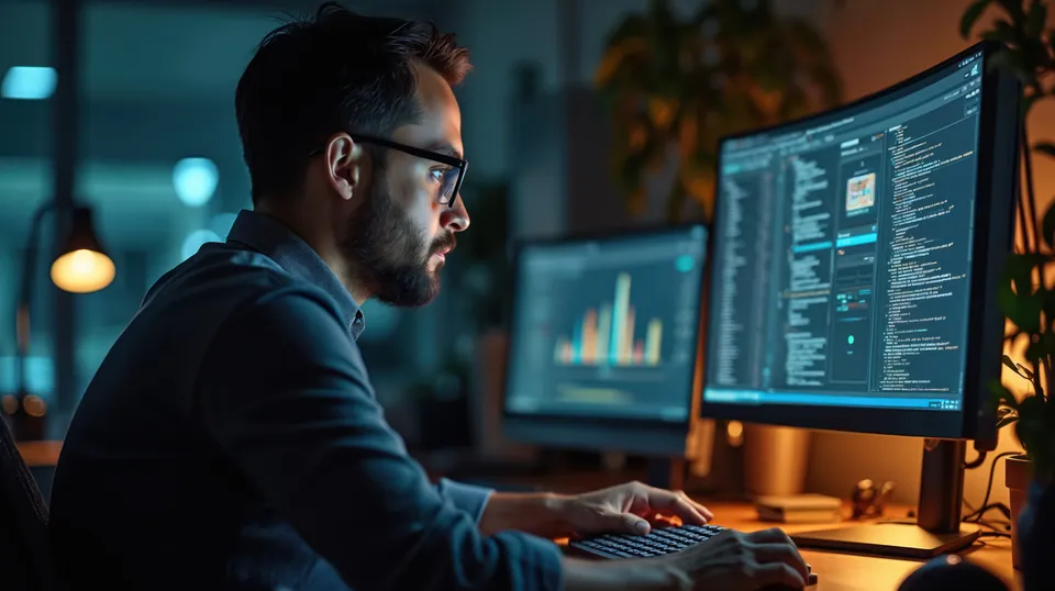 Ontwikkelaar werkt 's avonds aan code op een breedbeeldscherm met een tweede scherm vol grafieken